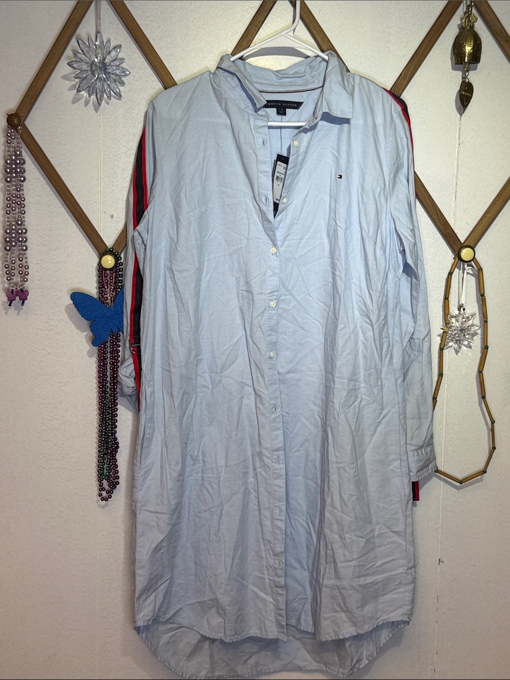 Tommy Hilfiger Light Blue Long Sleeve Shirt Dress with Red & Navy Sleeve Stripes